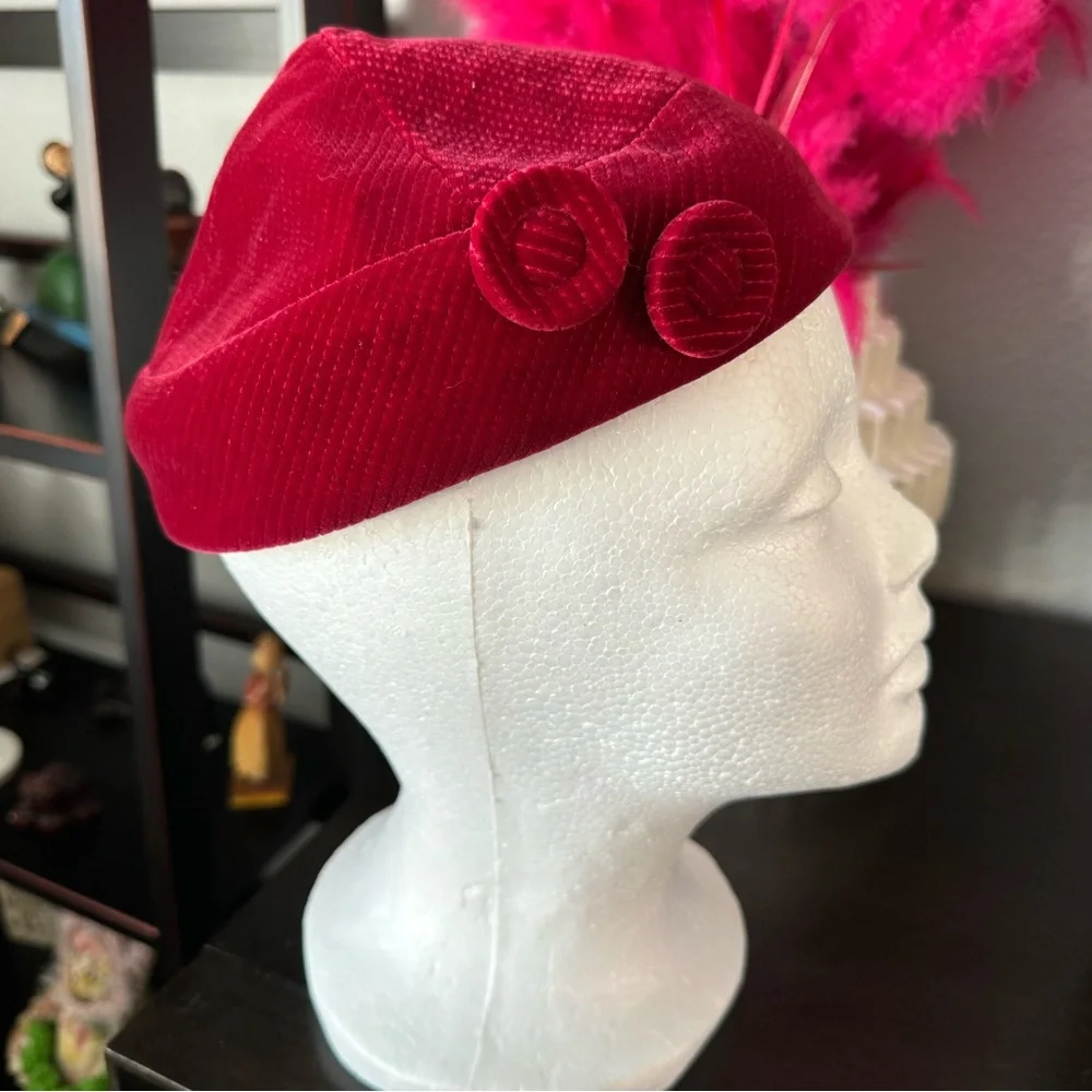 Vintage Cranberry Red Corduroy Point Top Beanie Hat